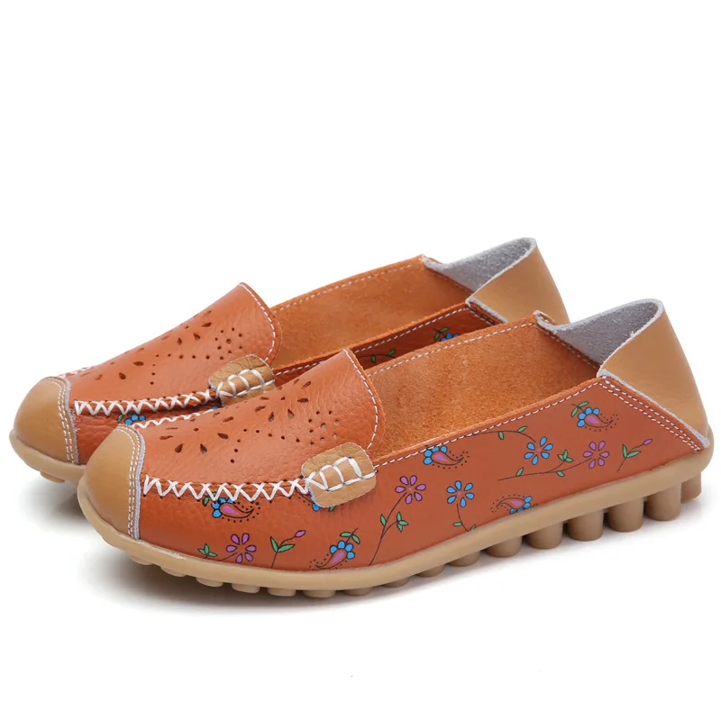 Women flat shoes 2022 new fashion ballet summer flower print women shoes genuine leathe loafers ladies flats shoes woman 