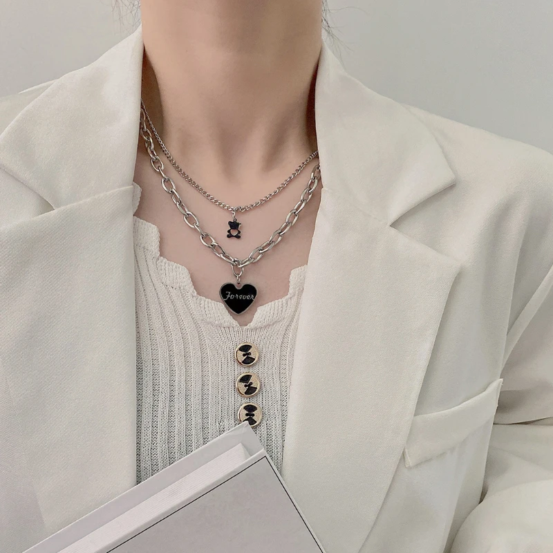 

U-Magical Gothic Double-Layer Black Love Heart Pendant Necklace for Women Bear Stainless Steel Chain Metal Necklace Jewellery