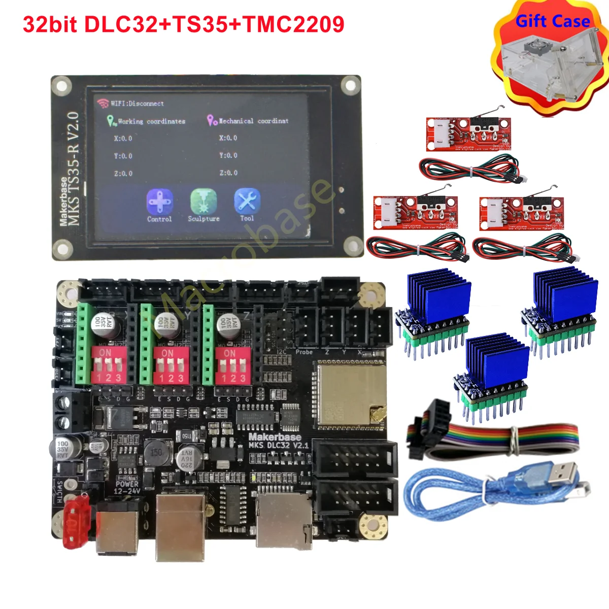 Laser Control Card CNC Upgrade Controller Makerbase MKS DLC32 offline controller 32bits ESP32 WIFI board TS35 touch screen display for portable laser engraving machine laser control card cnc upgrade controller