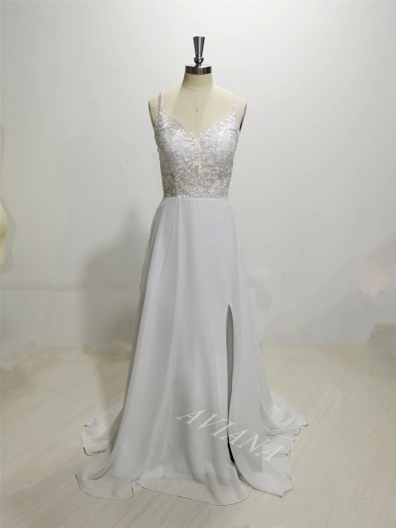 Simple V-Neck Front High Split Wedding Dresses For Women Custom Made 2022 Lace Appliques Chiffon Spaghetti Straps Bridal Gown 5