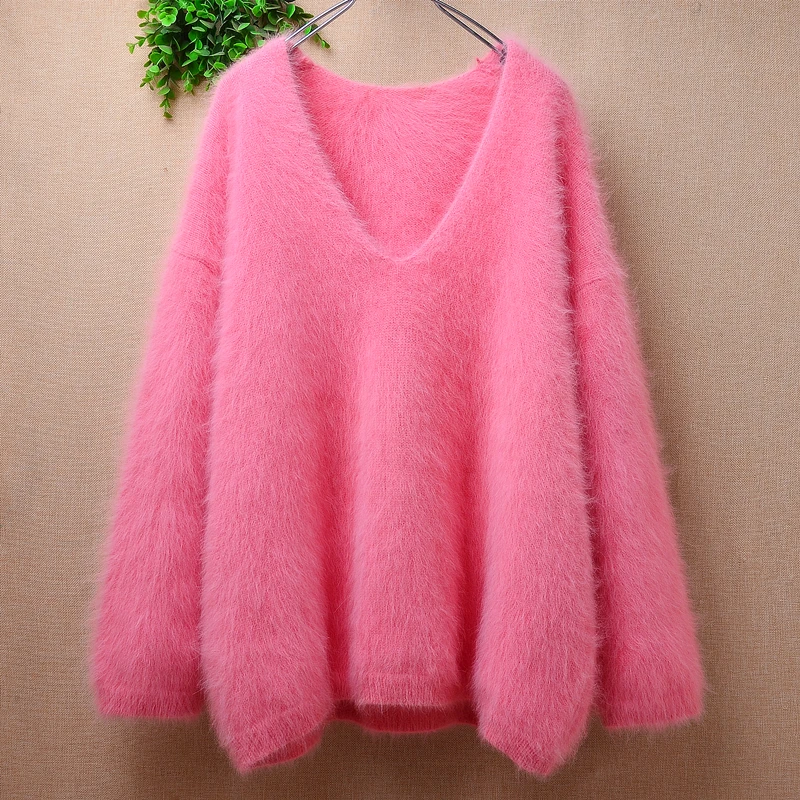 

Ladies Women Spring Winter Clothing Pink Hairy Plush Mink Cashmere Knitted V-Neck Long Sleeves Loose Pullover Angora Fur Sweater