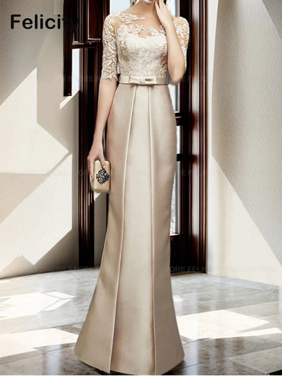 

Exquisite Mother of the Bride Dress 2023 Sheath Illusion Wedding Guest Dresses Lace Satin Bow Floor-Length Evening Party Gowns