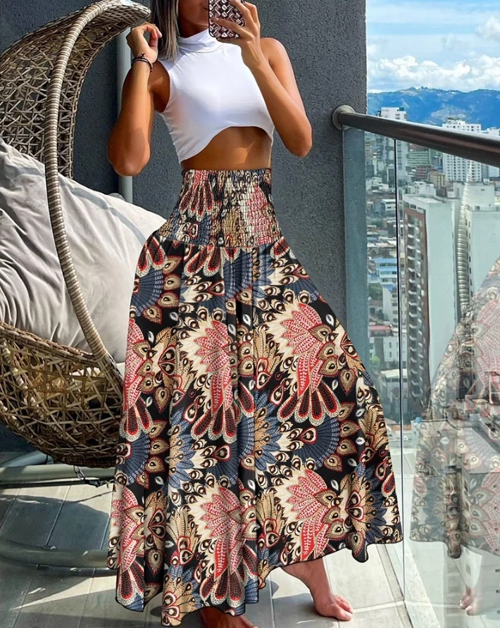 

Women's Pants 2024 Summer Vintage Tribal Floral Print High Waist Shirred Casual Boho Vacation Wide Leg Pants Y2K Streetwear