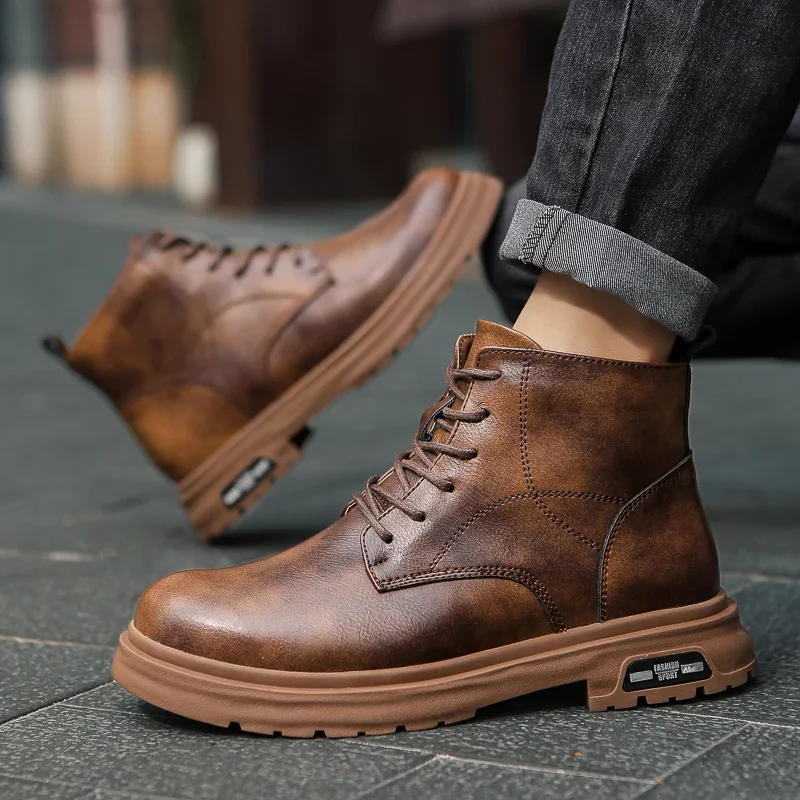 

Adult Shoes for Mens Boots Cowboy Boots Thick Soled Motorcycle Boots Wear-resistant Winter Outdoor Plus Velvet Warm Ankle Shoes