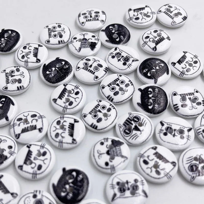 100Pcs white Cat Painted Wooden Buttons For Kid Clothing Sewing Scrapbooking Decoration DIY Needlework Button 15mm WB904 3
