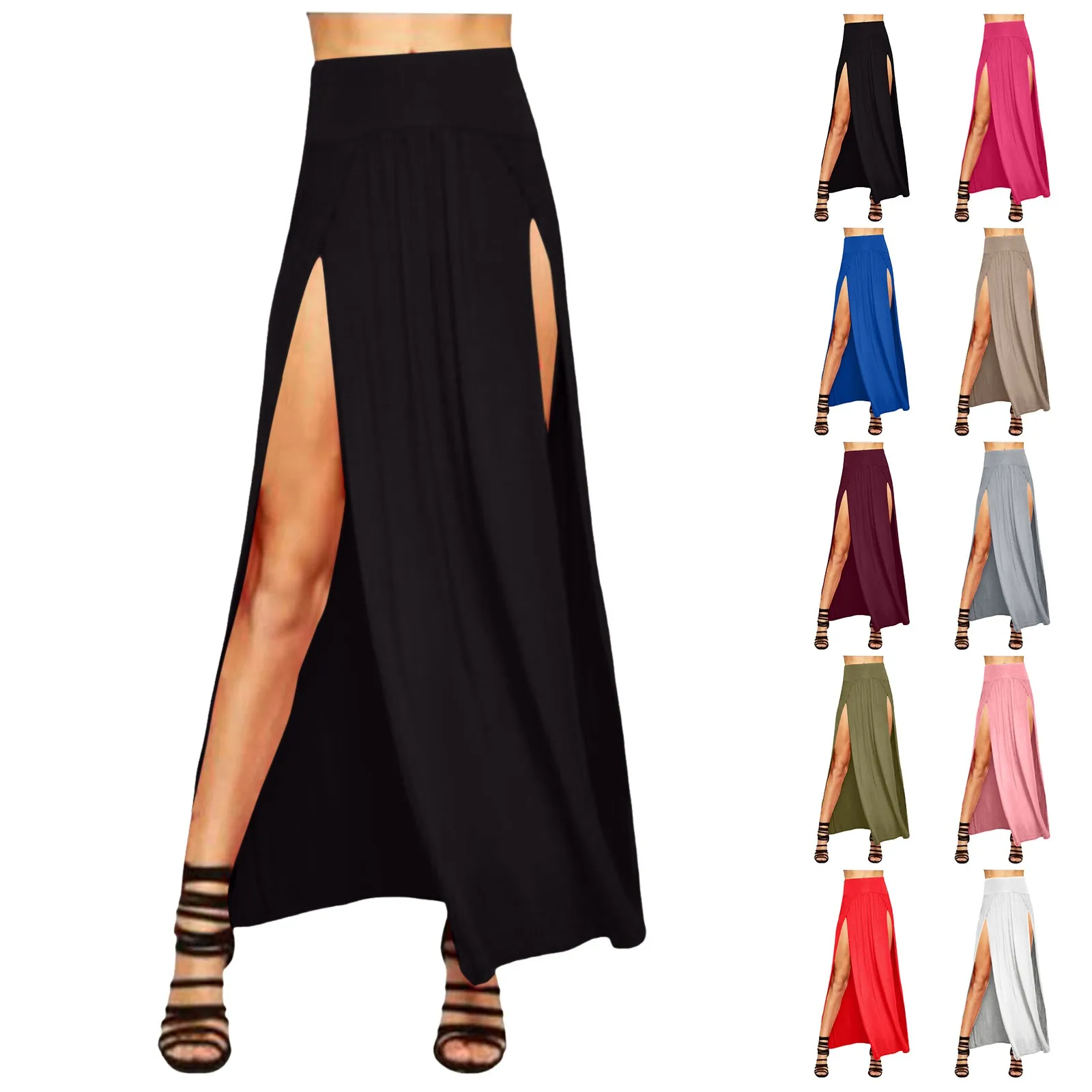 

Womens Double Split Maxi Long Skirt Ladies Plain Basic Two Side Slit 4 22 Swim Skirt Bottoms for Women