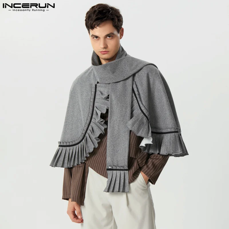 

Тренчкот INCERUN Мужской со шнуровкой, плащ в стиле пэчворк, плиссированная уличная одежда, асимметричный плащ, Модное пончо, осень 2023
