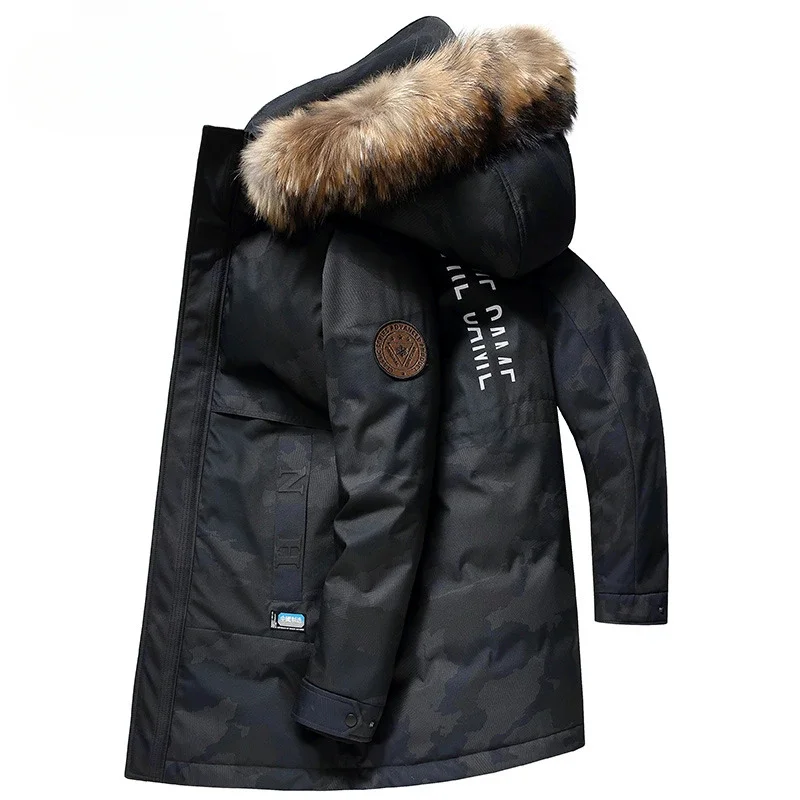 

2023 Winter Warm Puffer Jacket Men Mid-length Down Coats 90% White Duck Down Jackets Hooded Raccoon Fur Collar Parka Chaquetas