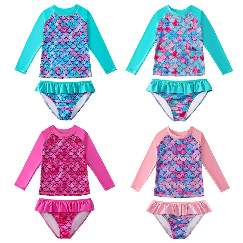 Children's Mermaid Split Bathing Suit Baby Girl Fish Scale 3D Printing Sunblock Swimsuit Kids Long Sleeves Top+Bikini 2Pcs Set