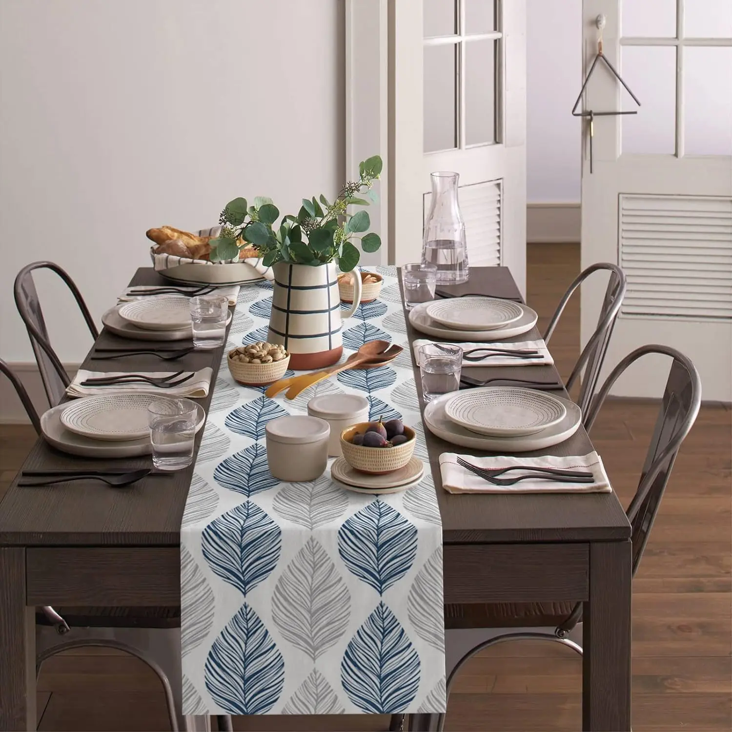 Navy Blue and Grey Leaf Texture Linen Table Runner Gray Abstract Art Leaves Dresser Scarf Table Decor Wedding Dining Party Decor 3