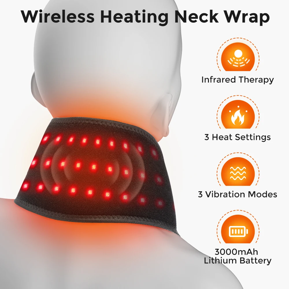 Cordless Heated Neck Wrap Electric Neck Massager with Red Light Vibration Wireless Heating Pad for Hands Legs Wrists