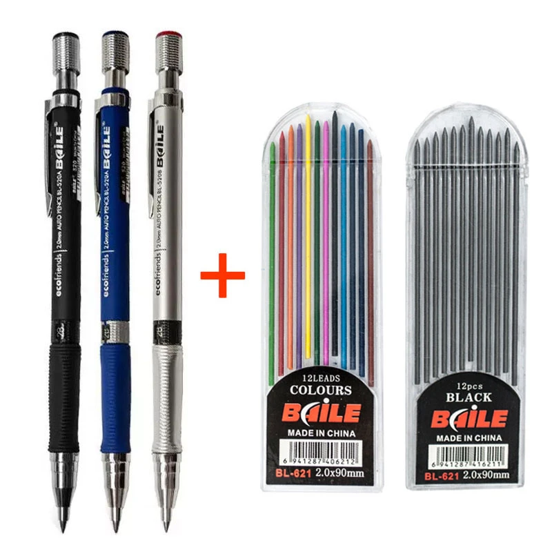 3-Pack 2.0mm Mechanical Pencils With 18 Lead Refills - Automatic Drafting Pencils With Built-in Sharpener