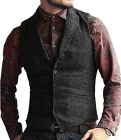 Grey Mens Suit Vest Lapel V Neck Wool Herringbone Casual Formal Business Vest Slim Fit Gilet Waistcoat Groomman For Wedding 1