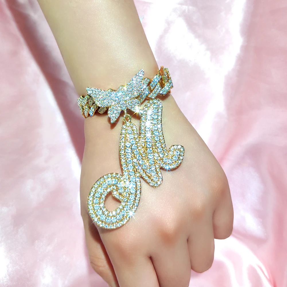 2Pcs Iced Out Butterfly Initial Cuban Necklace Bracelet For Women Rhombus Cuban Link Chain Cursive Letter Necklace Set Jewelry
