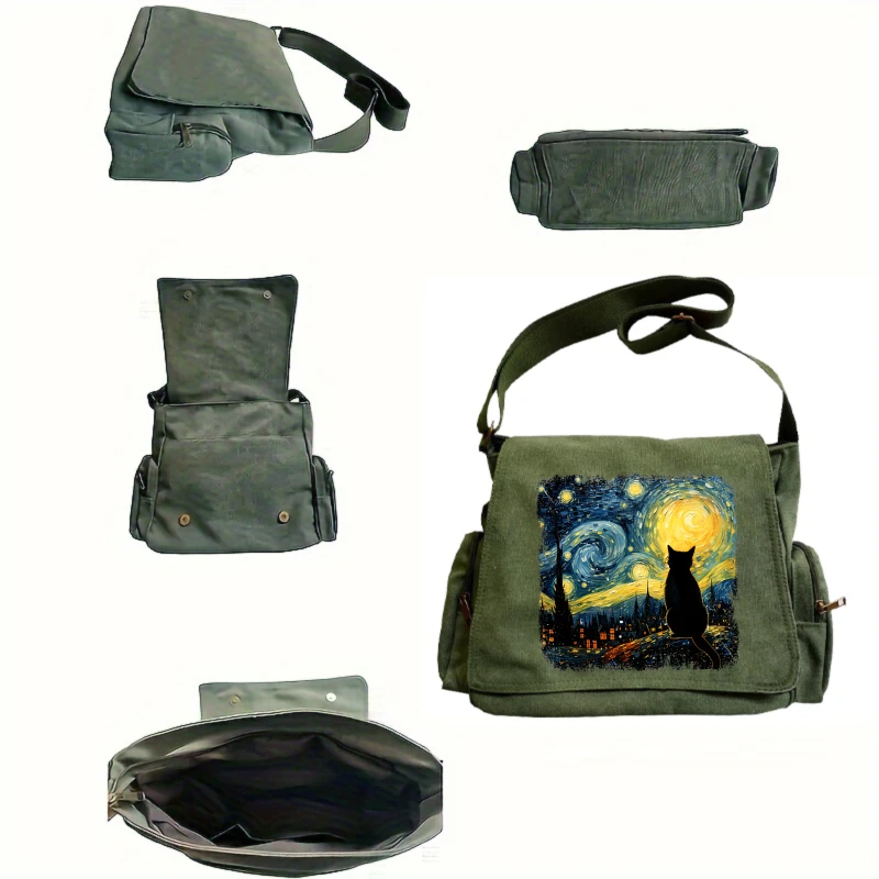 Retro Women's Shoulder Bag Men's Messenger Bag Canvas Crossbody Bag Cat Print Large Capacity Laptop Bag