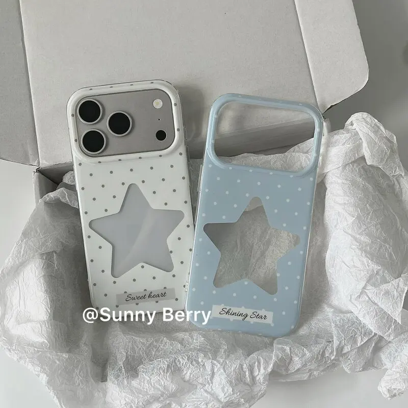 Korean Minimalist Blue & White Polka Dot Star Phone Case Cover