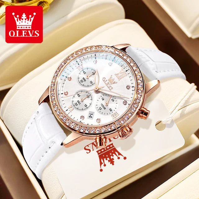 OLEVS 9933 Original Women Watch Leather Strap Waterproof Luminous Multi functional Chronograph Luxury Brand Diamond Quartz Watch