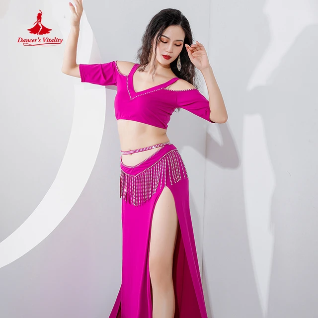 Costume de danse du ventre pour femmes, vêtements exotiques, demi manches,  haut + jupe longue, pierres à franges, 2 pièces - AliExpress