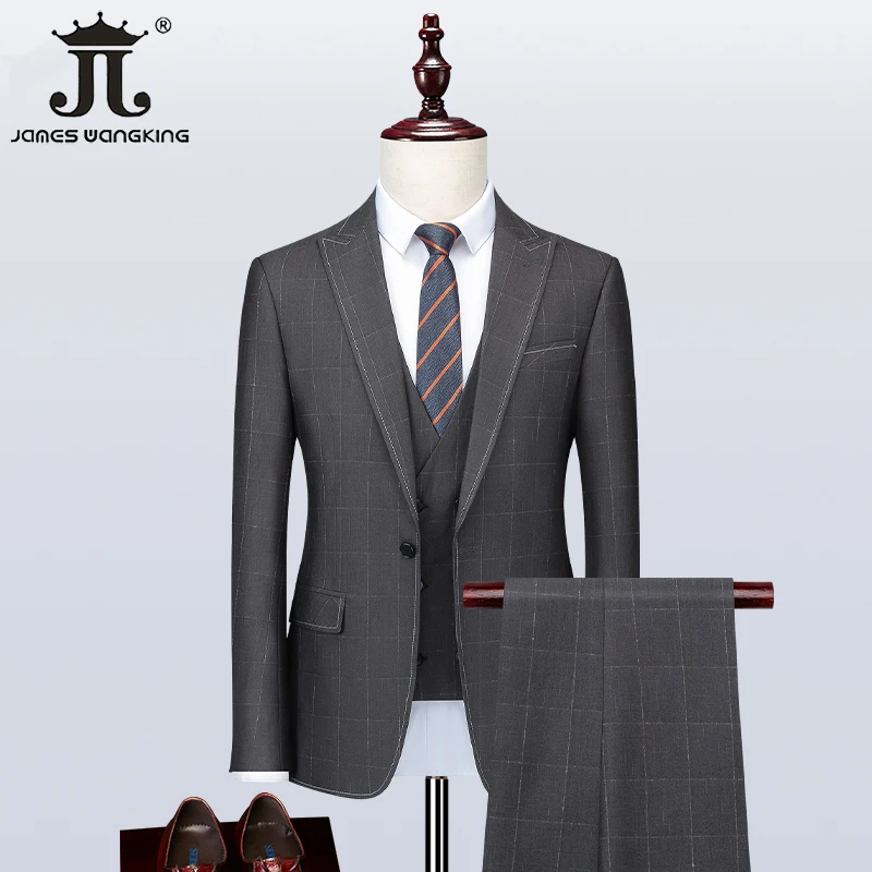 

( Jacket + Vest + Pants) British Style Gray Suit Men's Business Casual Formal Workwear Groom Wedding Dress Party Prom Tuxedo