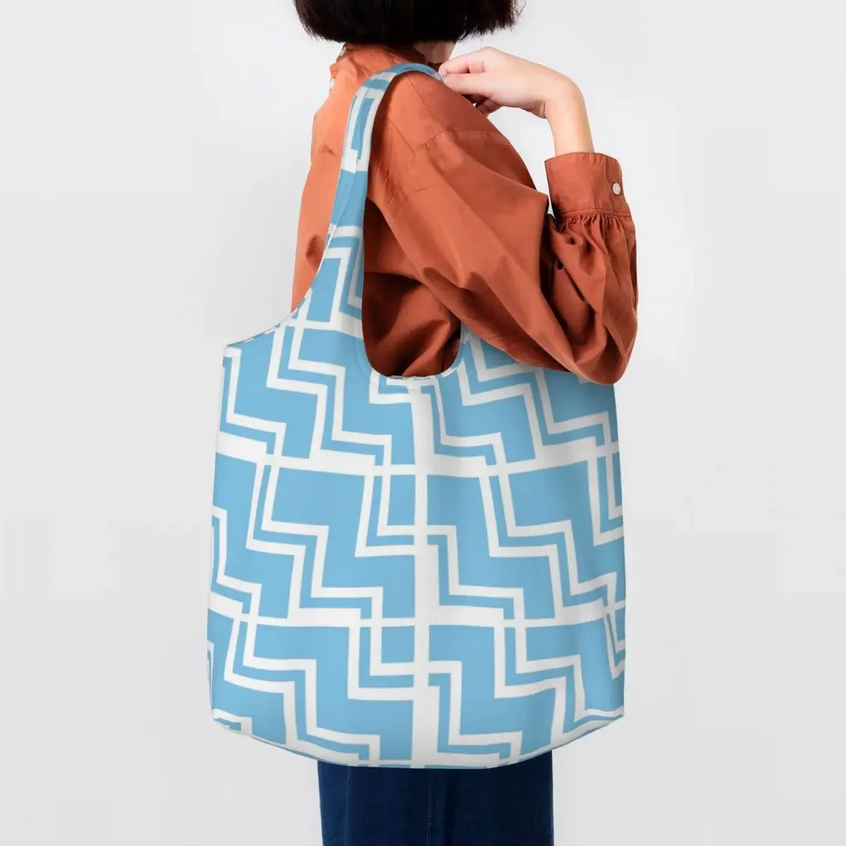 

Kawaii Printed Light Blue Zigzag Tote Shopping Bag Recycling Canvas Shopper Shoulder Bohemian Modern Geometric Bags Handbag Gift