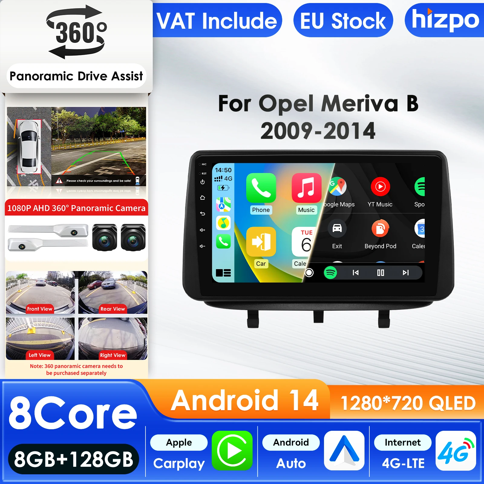 Hizpo 9'' 7862 AI Systems Android 14 Radio Samochodowe do Opel Meriva B 2009-2014 Odtwarzacz Multimedialny Wideo GPS Autoradio Carplay 4G RDS