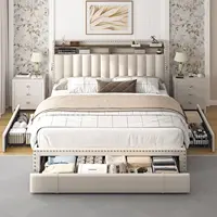 Full Size Bed Frame with 3 Storage Drawers,Upholstered Full Size Bed Frame with Headboard,Strong Support with Wooden Slats Beige 2