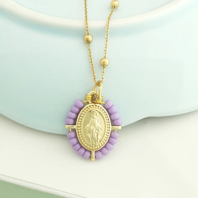 Collier ras du cou pour femme avec pendentif Vierge Marie, chaîne en acier inoxydable couleur or, perles de rocaille, style bohème blanc, noir, rose