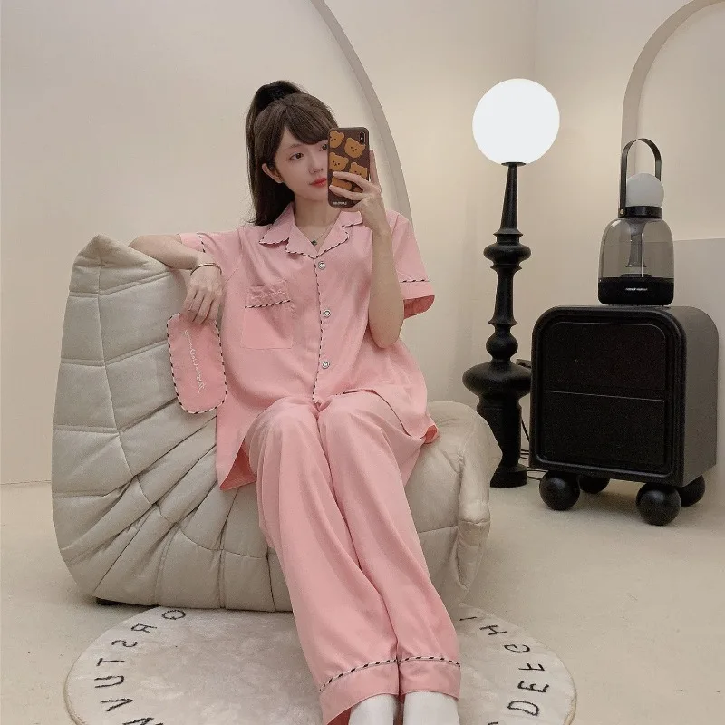 Summer Light Luxury Pajamas Women's Short Sleeved Sleepwear Ice Silk Casual Button Homewear V-neck Cardigan Thin Loungewear Set