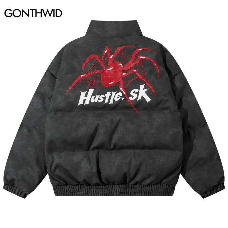 

Vintage Leather Jacket Winter Parka Hip Hop Embroidery Spider Web PU Thick Warm Coats Streetwear 2023 Harajuku Waterproof Parkas