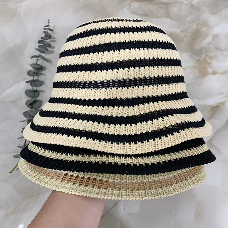 Women Bucket Hat Striped Hollow Bucket Hats For Women Spring Summer Sun Hat Female Crochet Fishermen Cap Outdoor Travel Basin Caps Panama Women Hat Bucket Hat