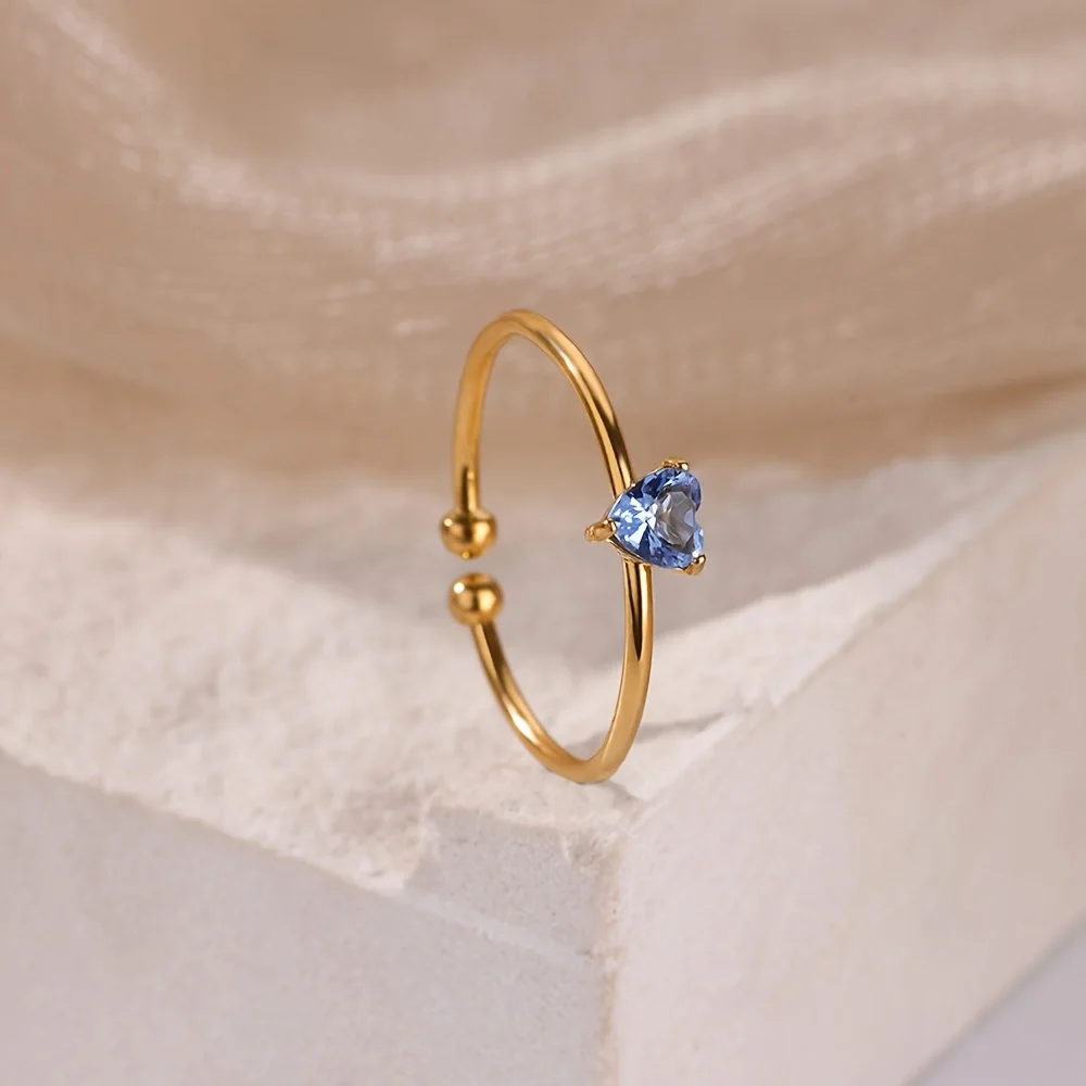 2025 Birth Colorful Cubic Zircon Heart Opening Rings For Women Fashion Dainty Stainless Steel Princess Ring Jewelry Wedding Gift 5
