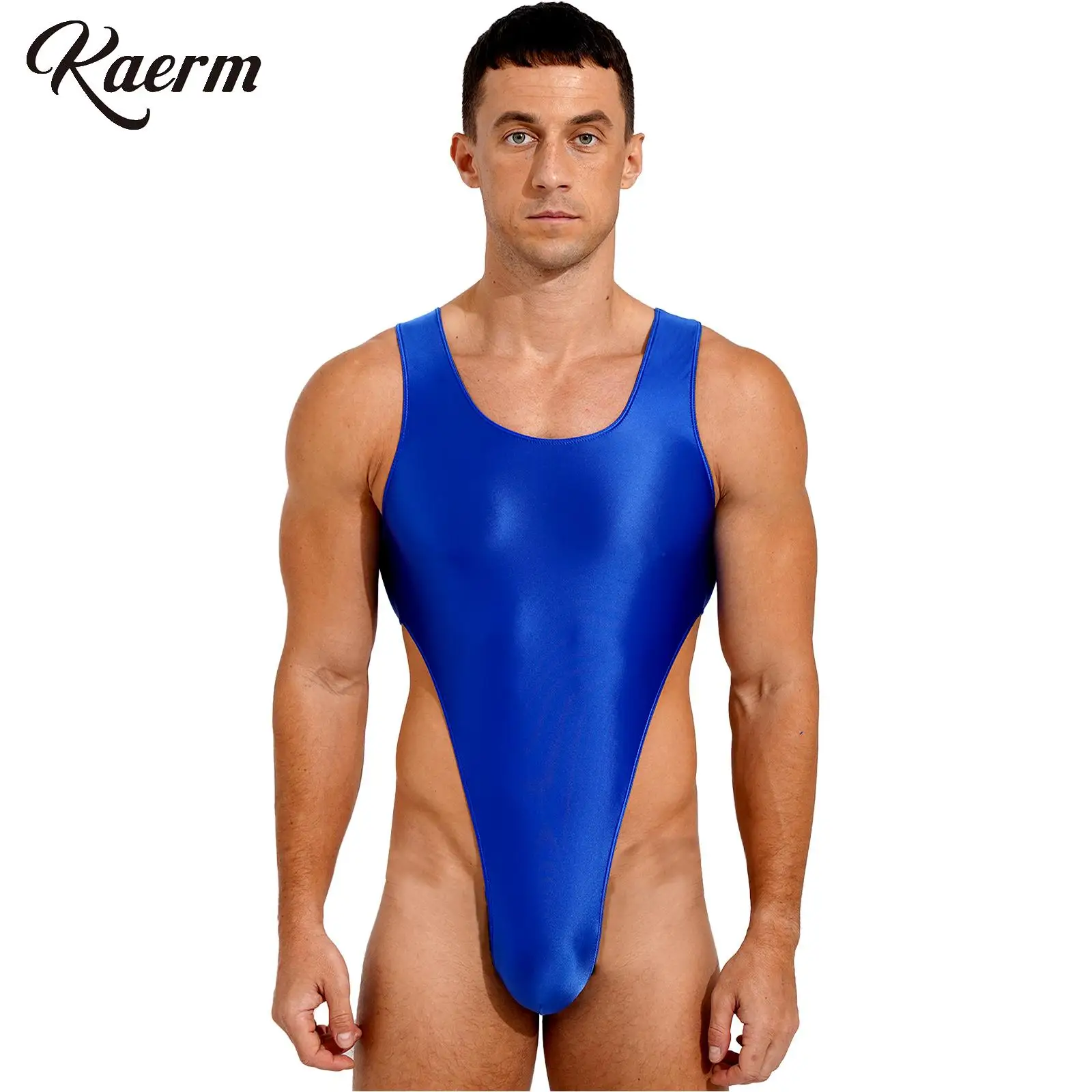 

Men Shiny Oil Sexy High Cut One Piece Swimsuit Swimwear Sleeveless U Back Athletic Bodysuit Gym Workout Jumpsuit Rave Dancewear