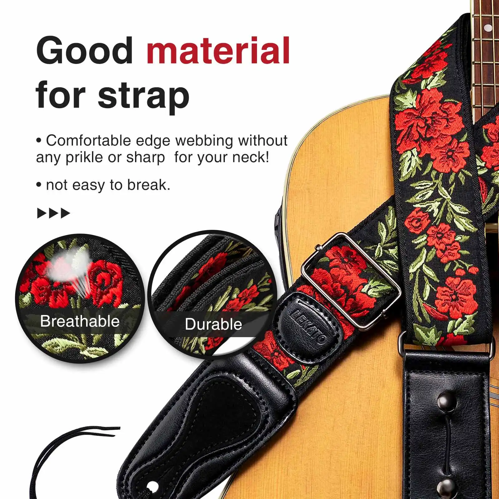 Guitar Strap For Acoustic Guitars , Electric Guitars and Bass , Red Vintage  Woven Embroidered Adjustable Strap Includes 2 Strap Locks To Keep Your