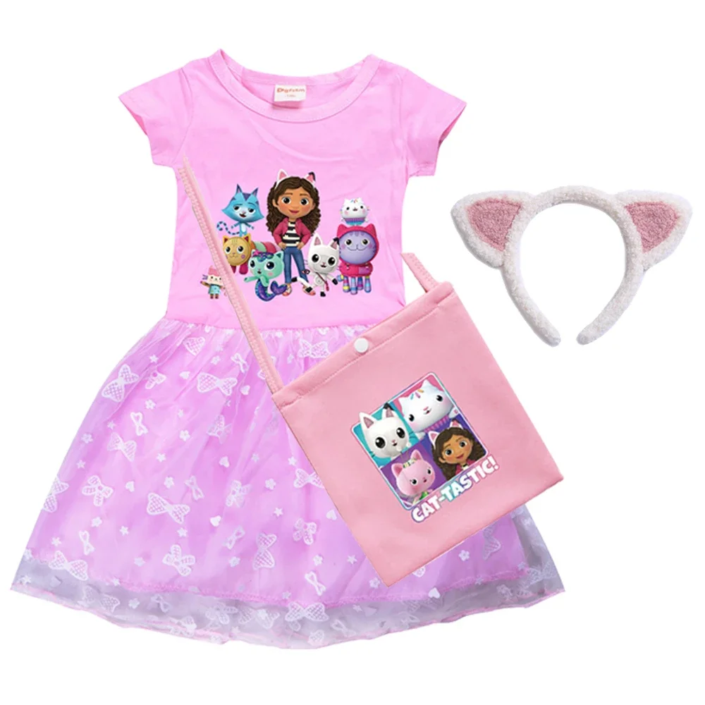 Girls Summer Dresses Gabbys Dollhouse Girls Cat Tastic Costumes Kawaii Kids Birthday Party Princess Dress with Headwear Bag