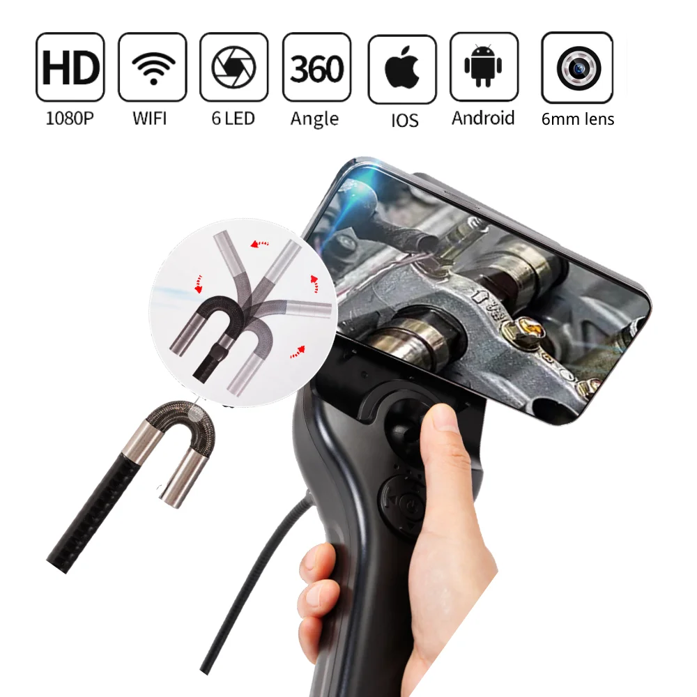 6MM 2 Way or 4 Way WIFI Articulating Industrial Endoscope Camera HD 1080P Steering Borescope Automoble Car Inspection Camera