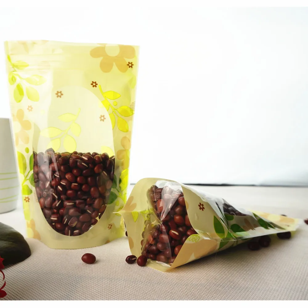 100pcs Green Fancy Printing Standing Up Zip Lock Bags with Clear Window - Stand Plastic Pouch with Leaf Design Print Candy Pack 2