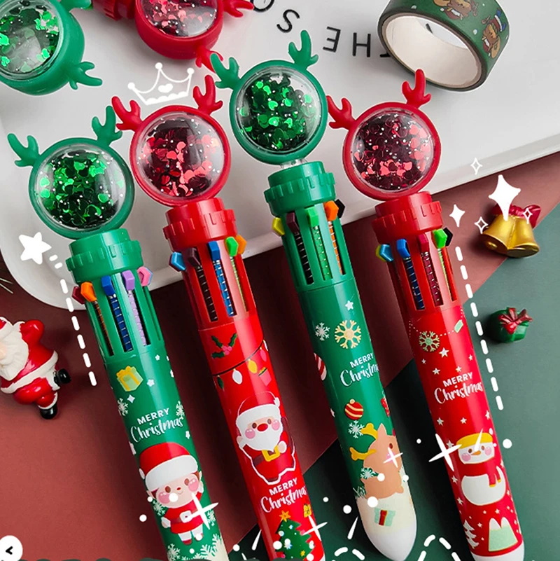 Christmas 10-color Ballpoint Pen Student Press-type Color Pen Santa Claus Presses The Ballpoint 0.5mm School Stationery