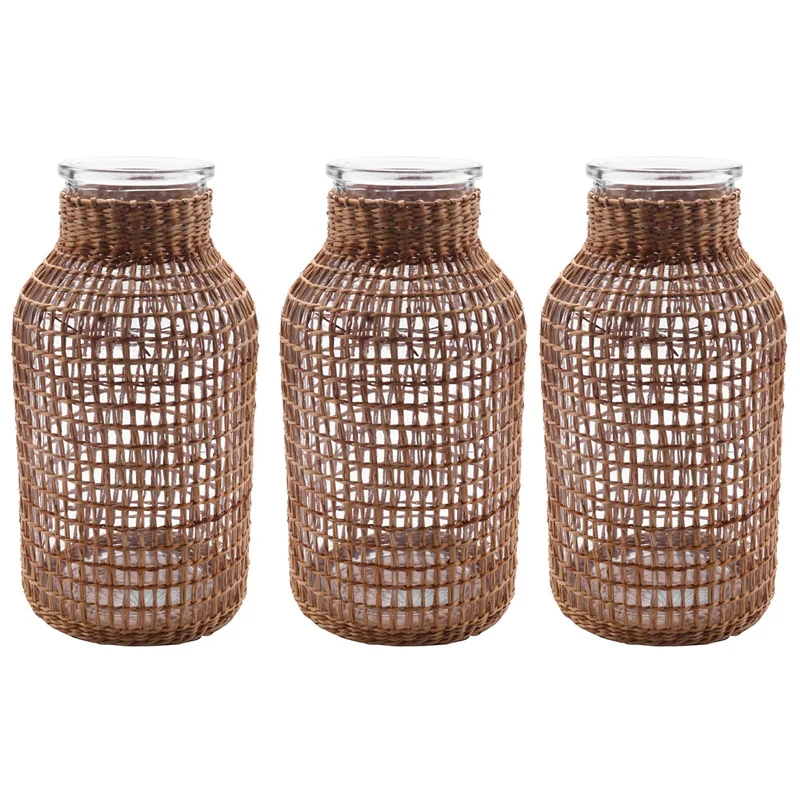 

3X Straw Glass Flower Vase Japanese Flower Pot In The Nordic Contracted Creative Flower Basket To Water Plants -L