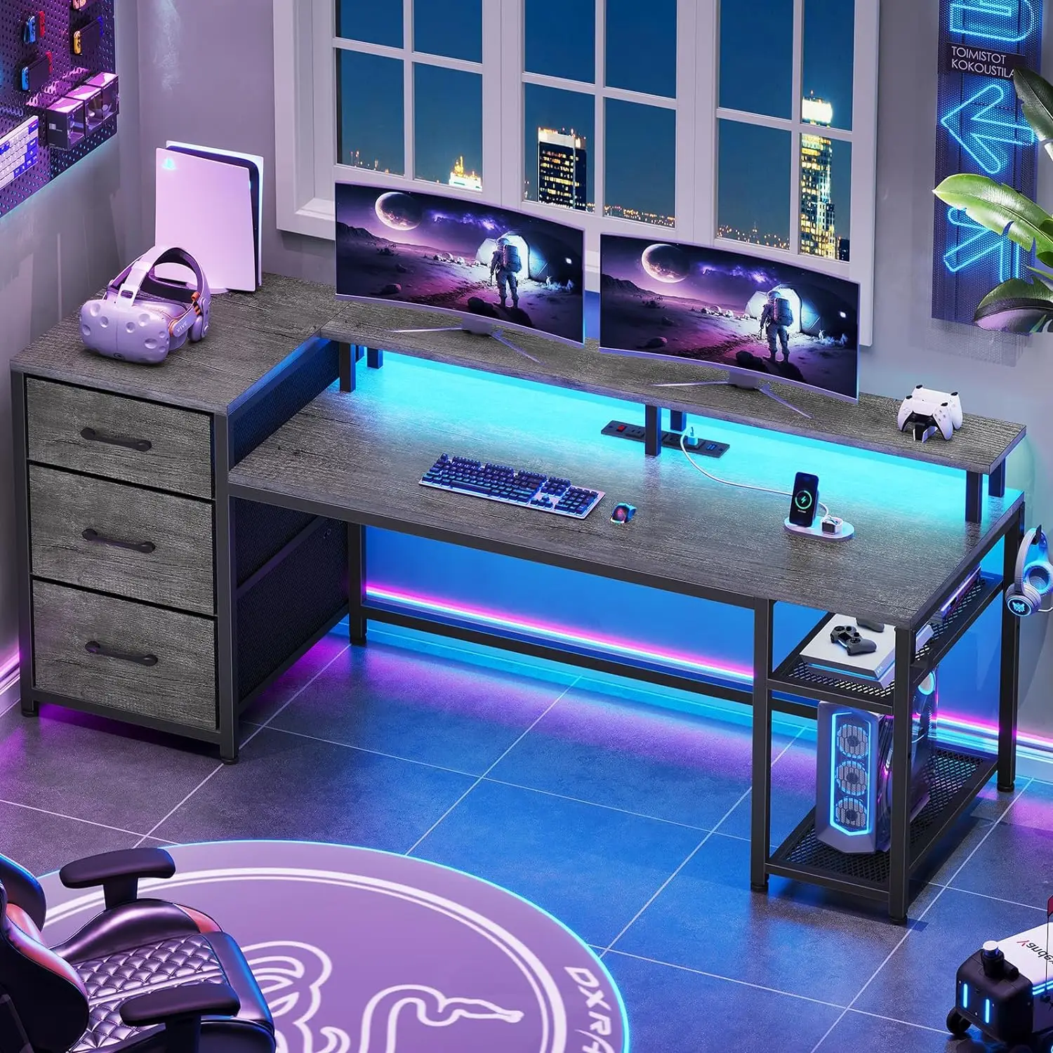 Computer Desk with File Drawers & Storage Reversible Gaming Desk with LED Lights & Power Outlet