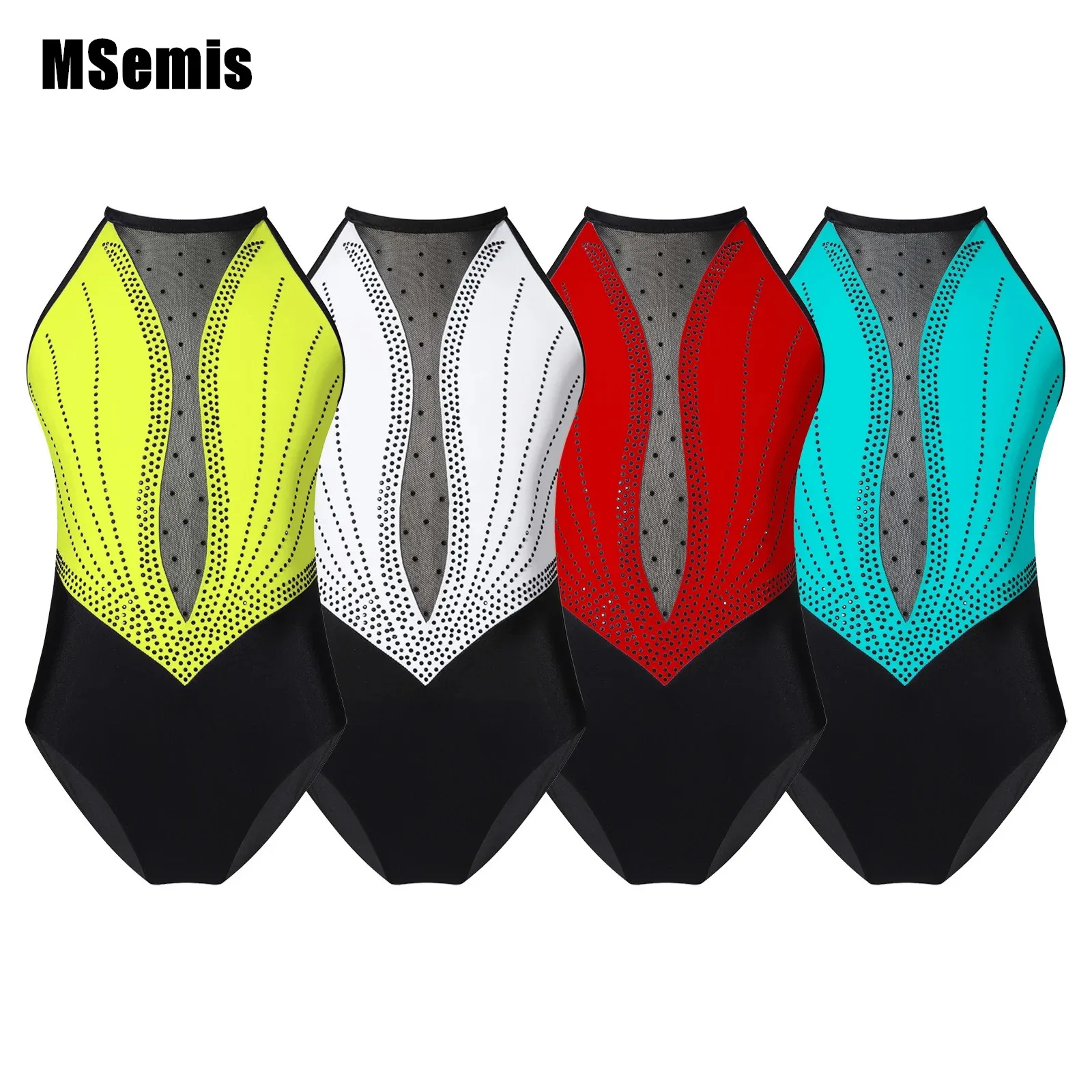 

Kids Girls Shiny Mesh Leotards Sleeveless Rhinestone Decorated Round Neckline Patchwork Style Straps Hollow Back Dance Wear