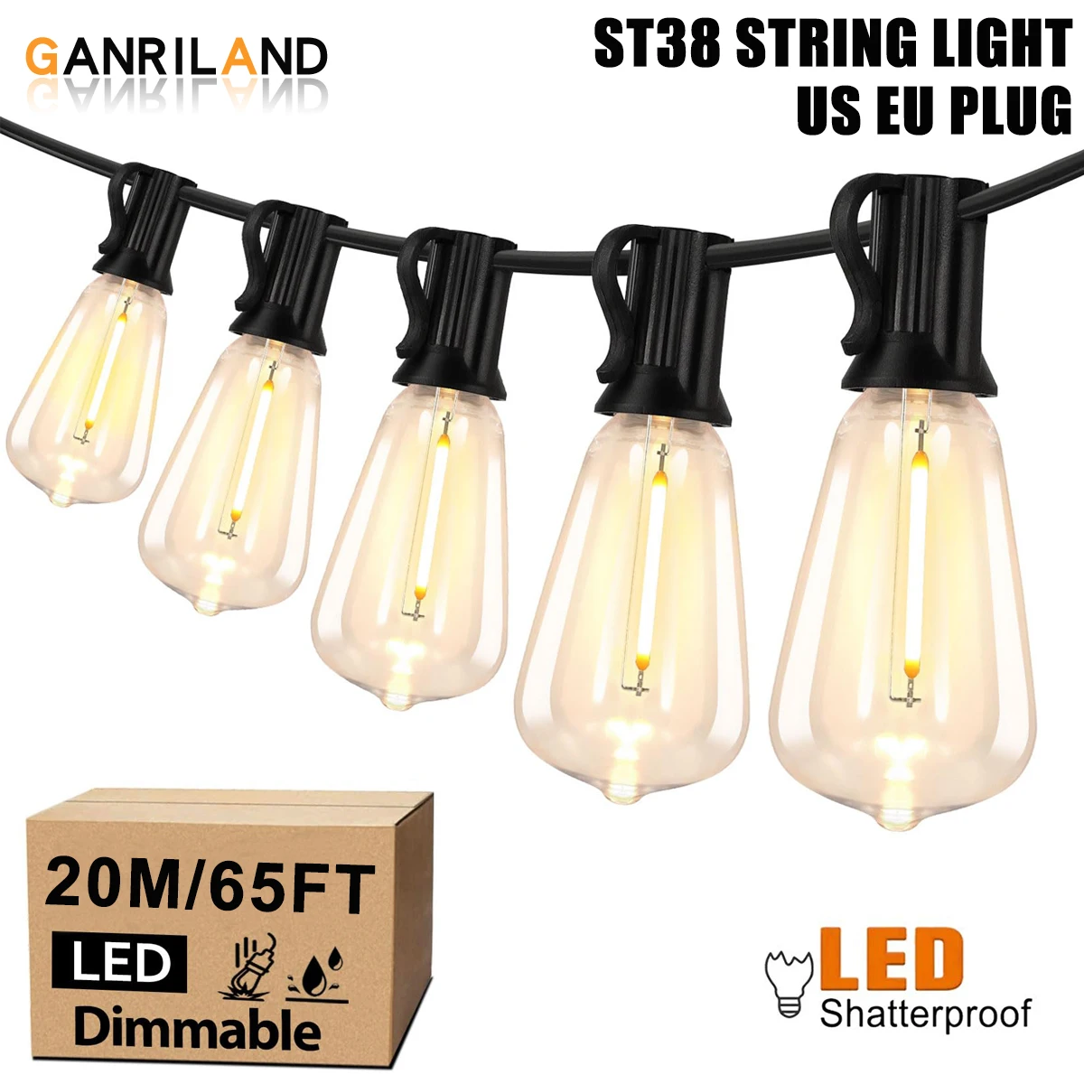GANRILAND ST38 Garland String Light US EU Plug 220V Outdoor Shatterproof Connectable Plastic Bulb Fairy Light Chian Patio Decor