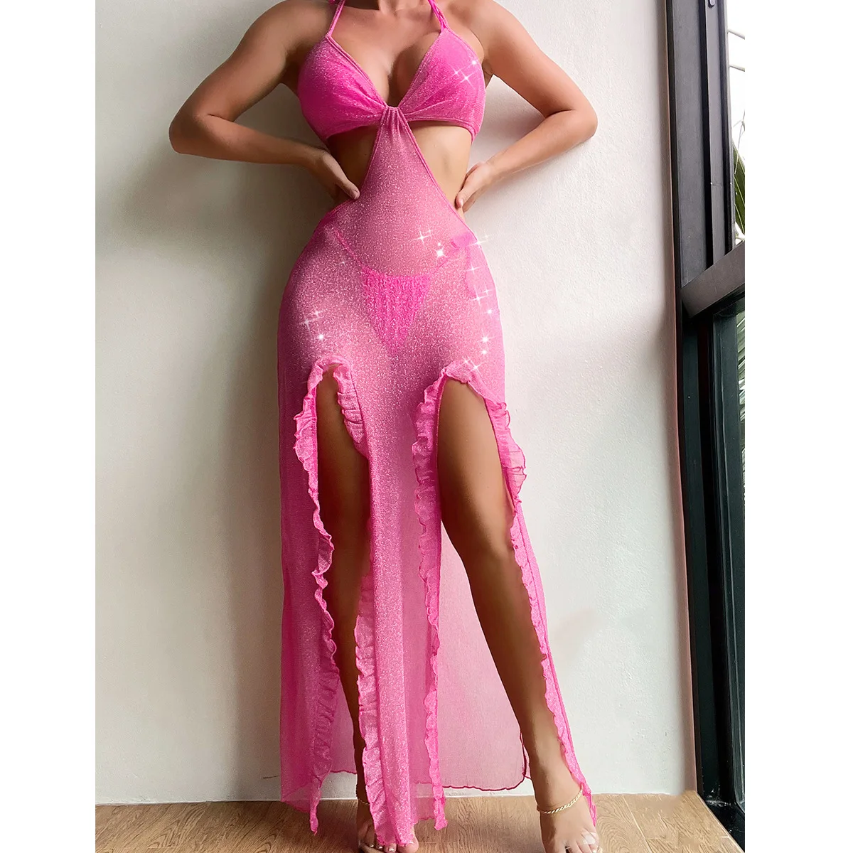 Shiny Bikini Cover Ups Women Solid Sleeveless Halter Long Maxi Dress 2023 Summer Beach Bathing Dress Sexy High Slit Vestidos