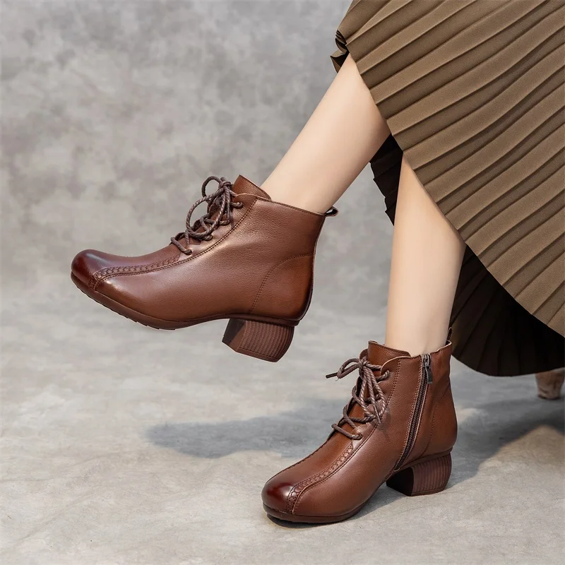 GKTINOO-Botas hechas a mano para botines Retro de cuero genuino, zapatos cálidos de invierno punta redonda y tacón grueso - AliExpress
