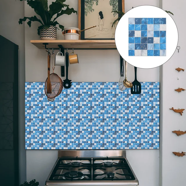 50 Dcs Kék Otthoni Dekoráció Szimulált Kis Csempe Matricák Önmagasztó Fali Paszta 10X10Cm Mozaik Dekoratív Papír 3D - Image 3