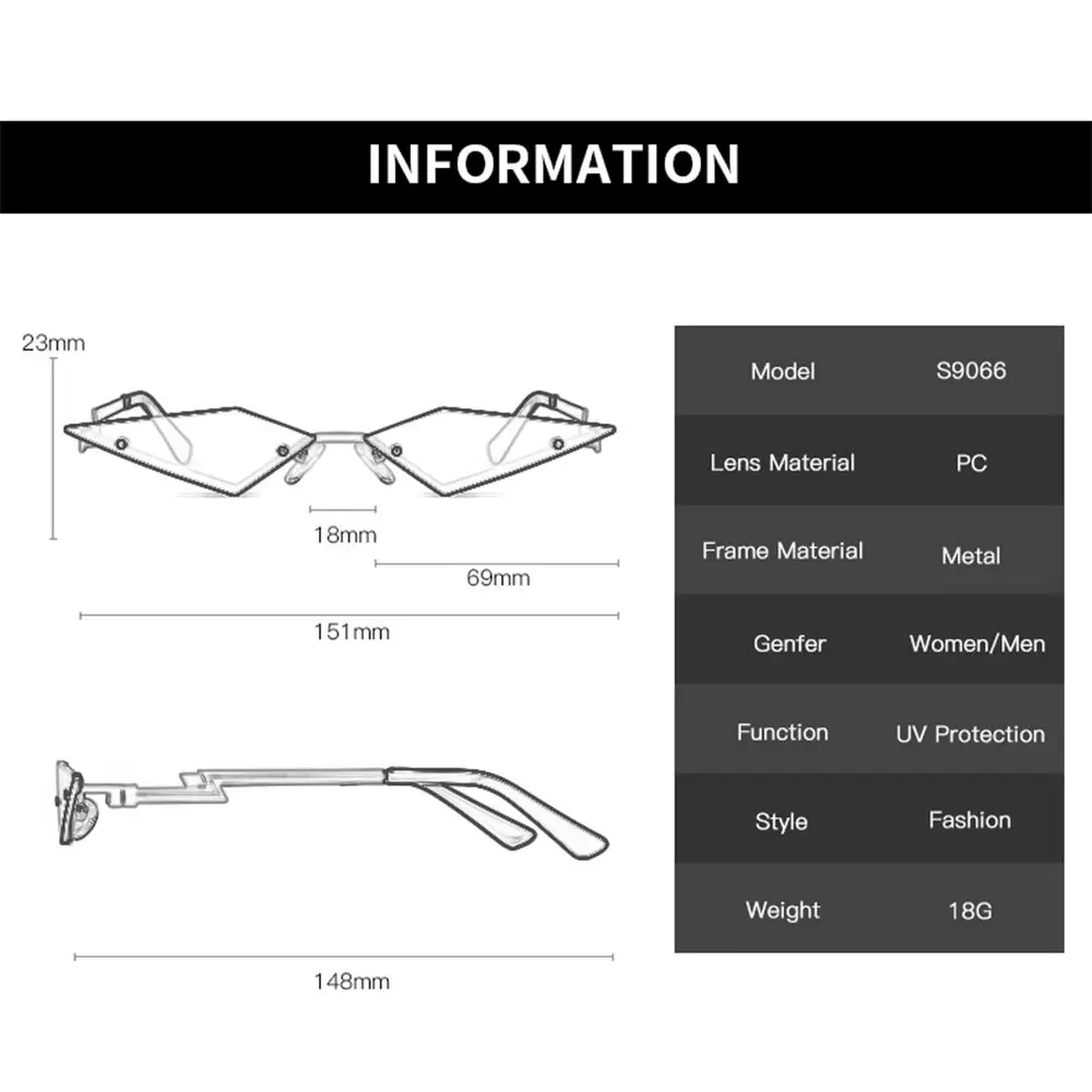 Narrow Trending UV400 True Film Lens Diamond Shape Fashion Women Sunglasses Rimless Sun Glasses