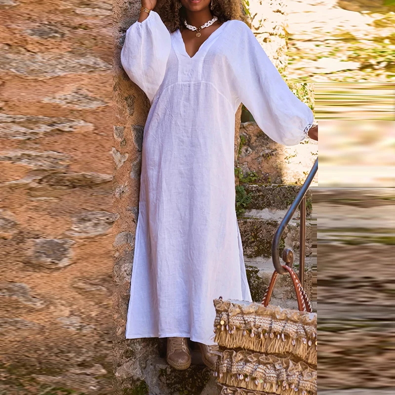 

Платье женское свободного покроя с глубоким V-образным вырезом, повседневное длинное простое однотонное праздничное платье с Боковым Разрезом и высокой талией, весна-лето