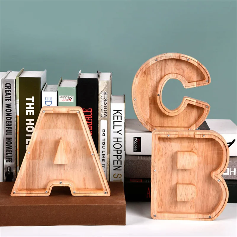 Description Picture 3 of item18cm Twenty-six Letter Piggy Bank Wooden Coin Money Saving Box Jar Coins Storage Box Desktop Ornament Home Decor Craft Xmas Gift