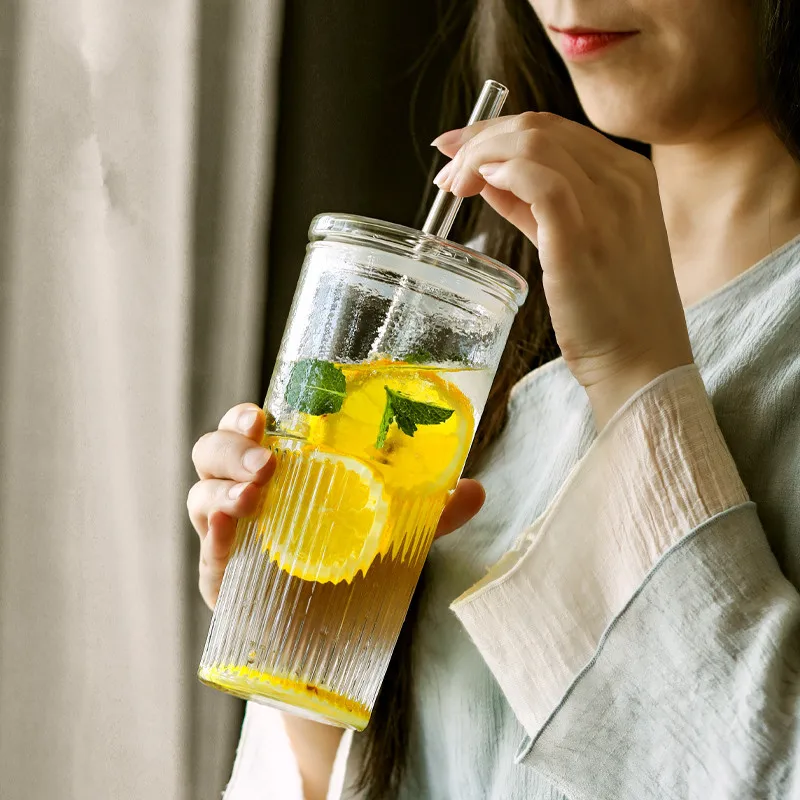 Glass Cup 600ml Ins Stripe With Lid and Straw Transparent Drinking Glasses