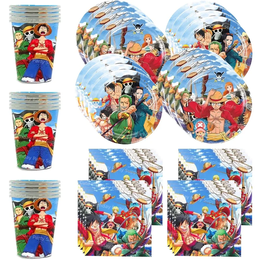One Piece Partydekoration Geburtstagsfeier-Zubehör Tortendekoration Teller Geschenkbox Ballon Schnapparmband Lehrer-Belohnungspreise