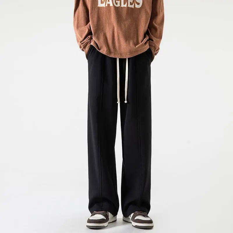 Autumn American High Street Trendy Straight Sports Casual Pants Men's Solid Drawstring Pockets Patchwork Loose Wide Leg Trousers